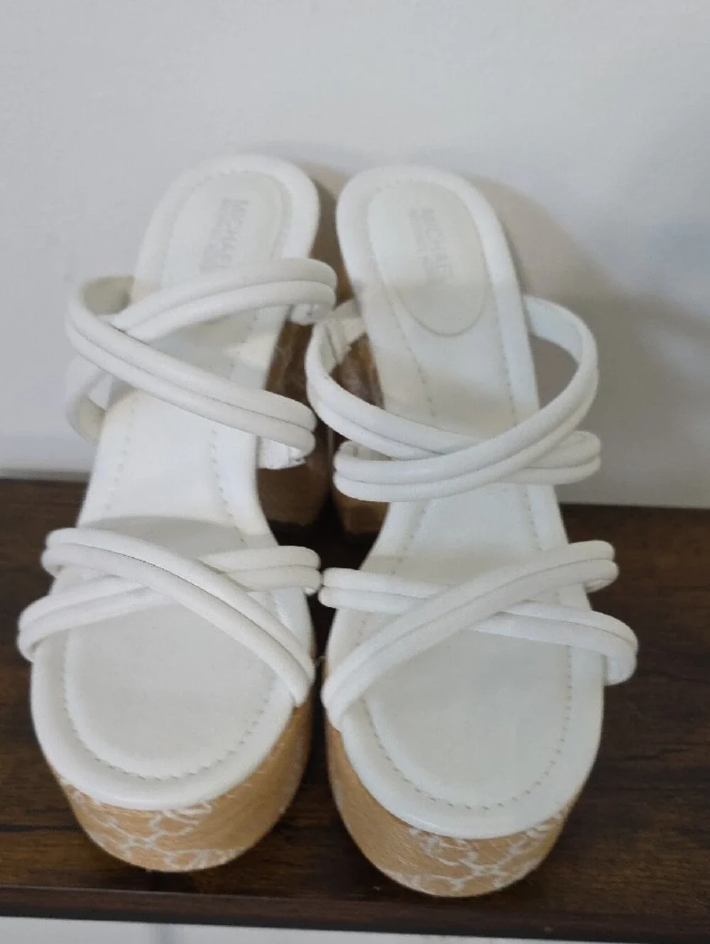 Michael Kors White Strappy Platform Sandals with Tan Patterned Heel